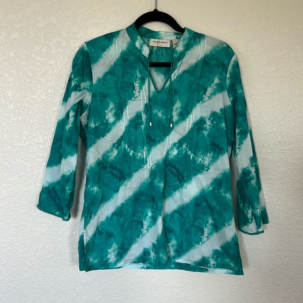 LEMON GRASS Teal Tie Dye Boho Beach Tunic Top Size Medium